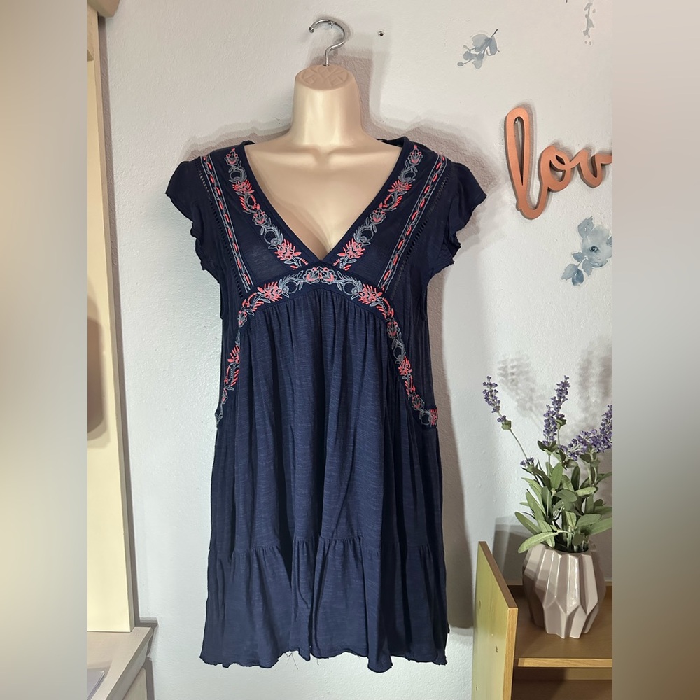 Free People Dark Blue Midi Dress with Pink Accents